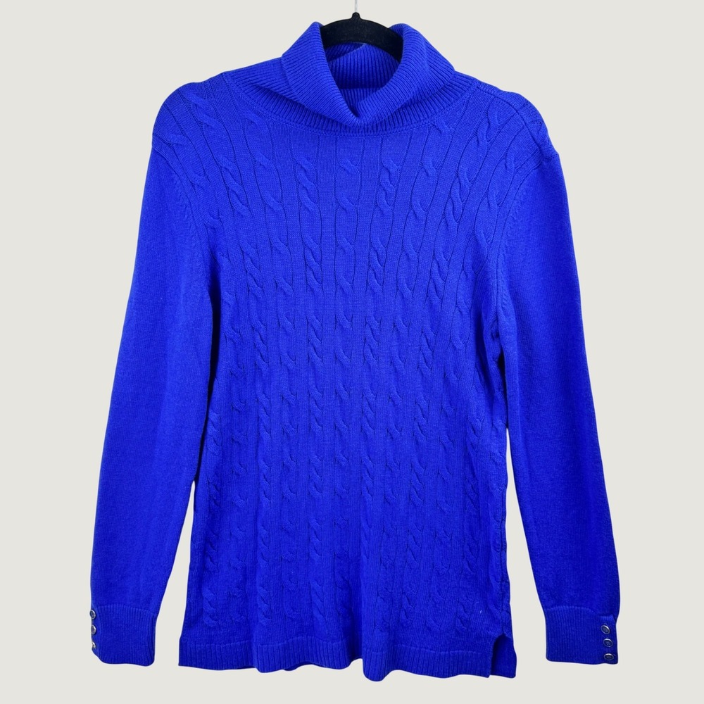 Talbots Cable Knit Turtleneck Sweater Womens Medium Royal Blue Wool Blend Preppy